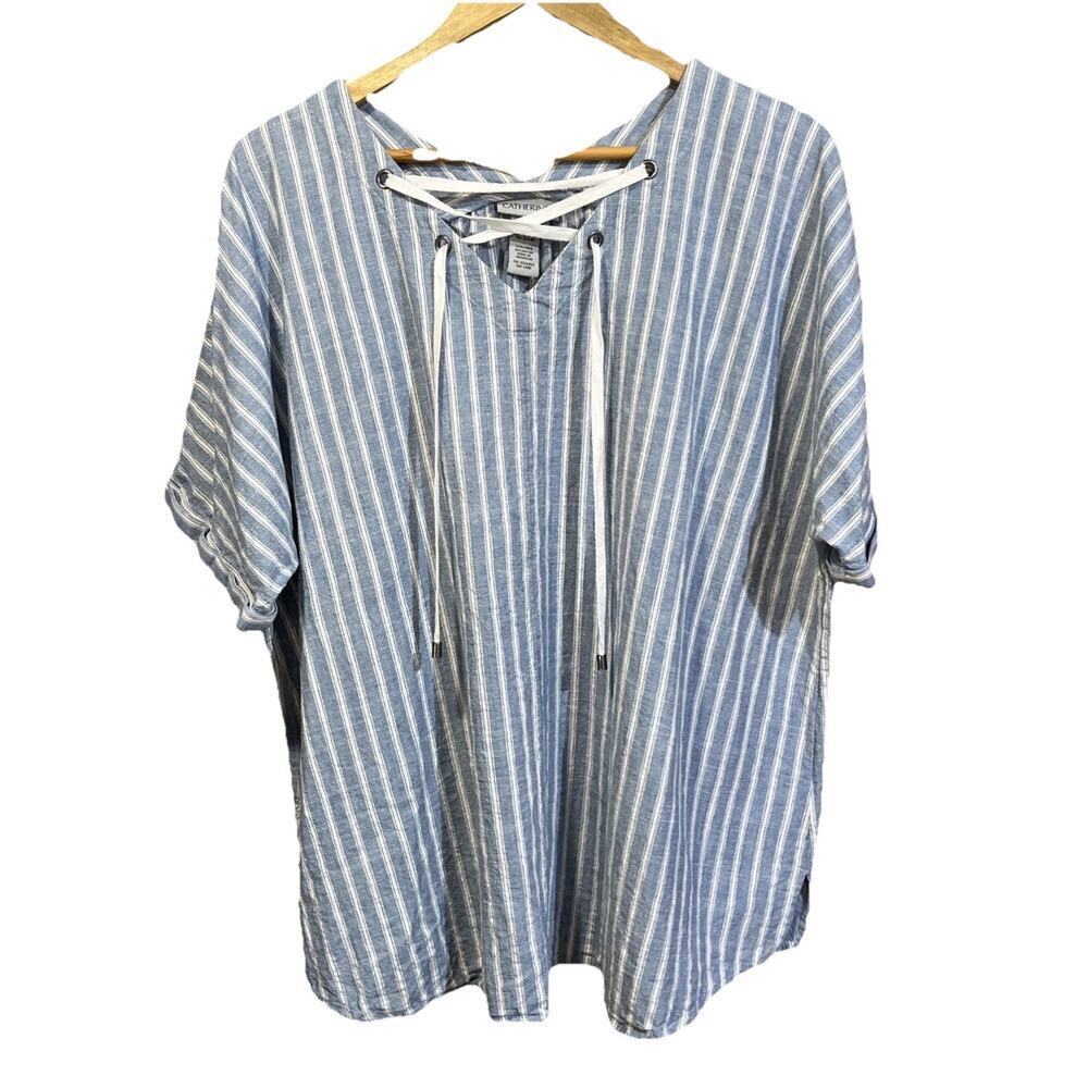 Catherines Linen Blend Lace Up Top Size 18/20 Striped Nautical Beachy Coastal
